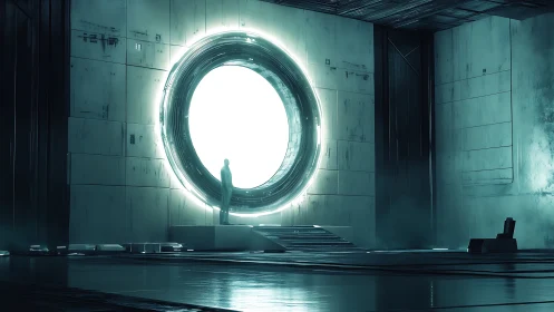 Silhouette stands before illuminated circular portal structure