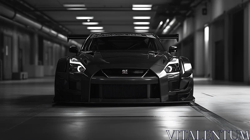 Modified black GT-R race car sits low in an empty garage