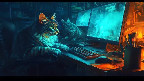 Cyberpunk Workspace: Digital Guardian Cats Monitor Neural Interface Data