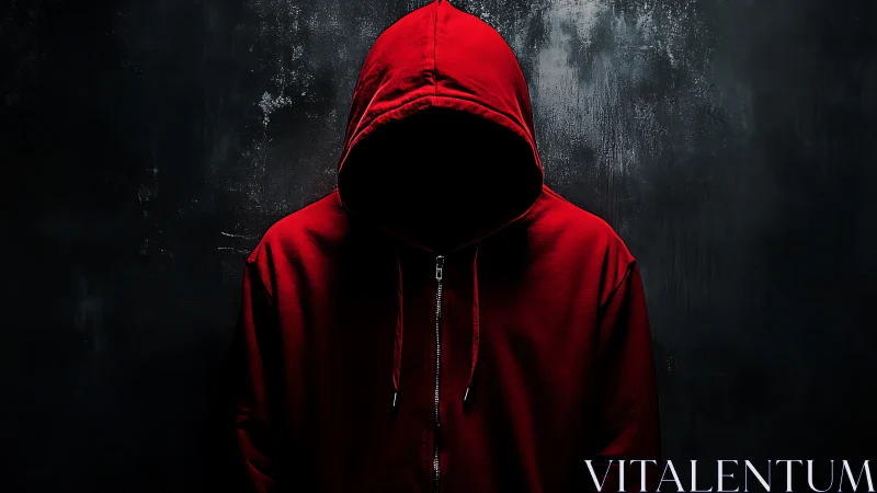 Hooded figure in red sweatshirt against dark grunge wall.