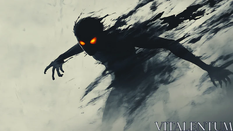 Shadow figure with glowing orange eyes emerges from smoke