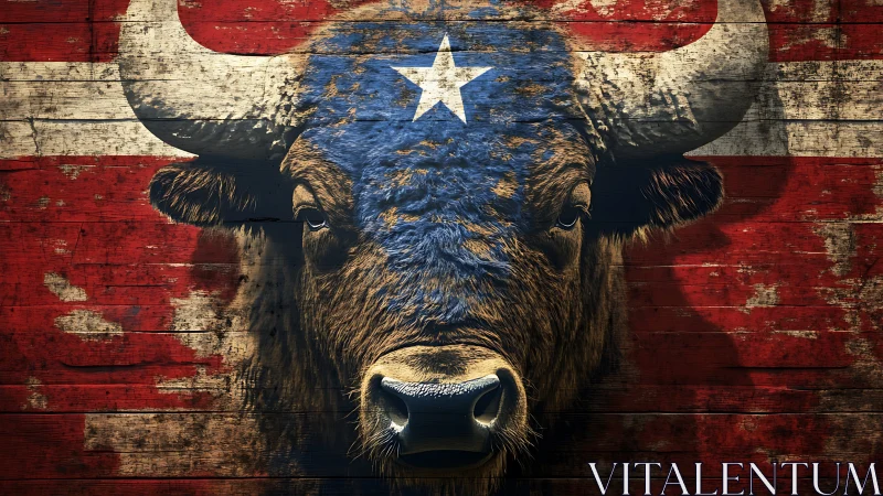 Lone star buffalo locked in weathered red timber glory.