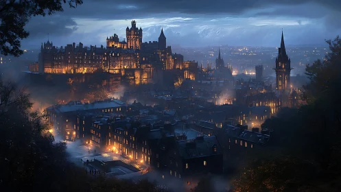 Medieval hilltop fortress over dense city at rainy dusk.