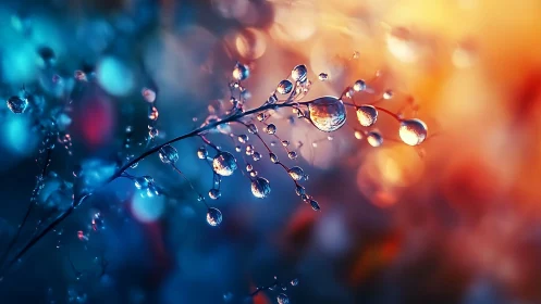 Glistening dewdrops shimmer on branches in neon twilight glow