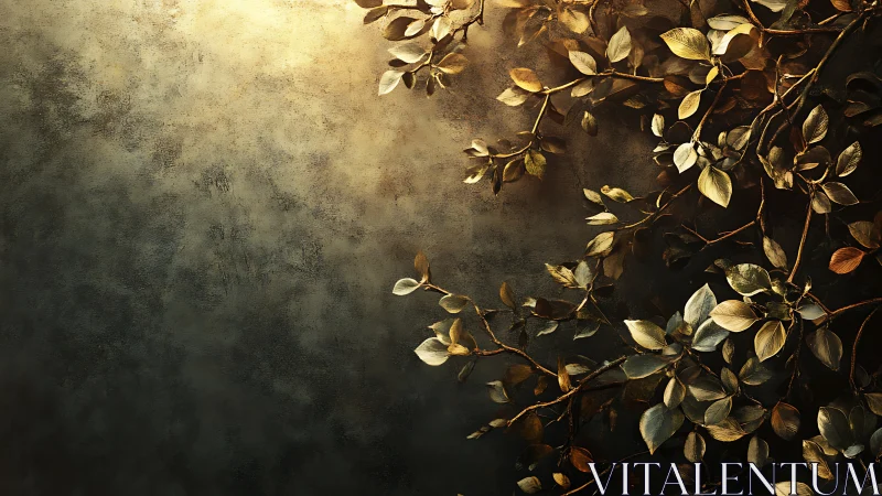 Metallic foliage branches extend across textured dark wall