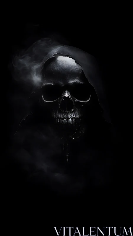 Midnight reaper skull emerging from shrouded black void.