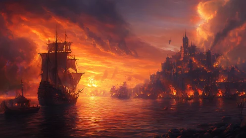 Medieval Harbor Inferno: Galleon Against Apocalyptic Skyline.
