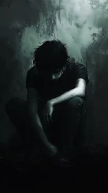 Solitary figure sits in shadow, holding quiet inner weight