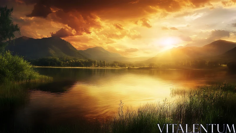 Radiant sunset over tranquil mountain lake with warm reflections.