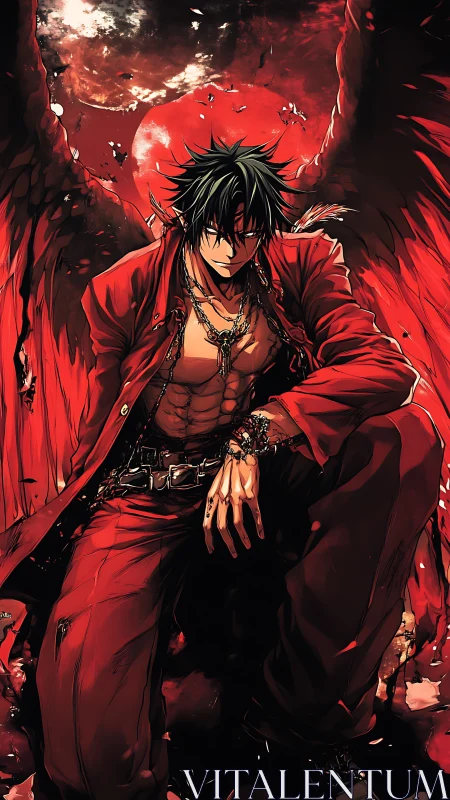 Winged male figure in red outfit against crimson moon sky.