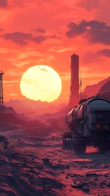 Sunset over desolate sci fi landscape with heavy rover.