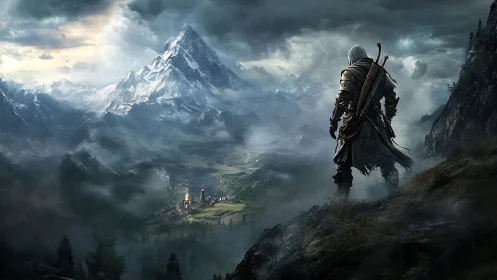 Lone hooded warrior surveys misty valley beneath icy peak