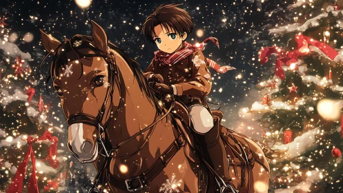 Snowlit anime rider on chestnut horse amid festive bokeh.