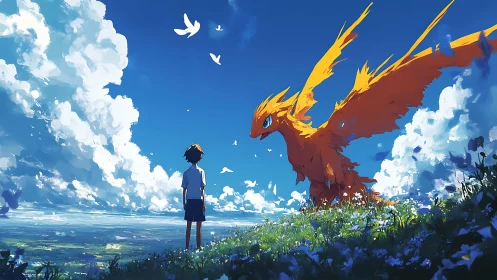 Boy and fiery skybird sharing a quiet hilltop moment.