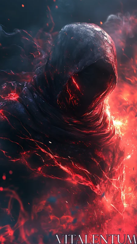 Digital painting of hooded infernal wraith in eruptive embers.