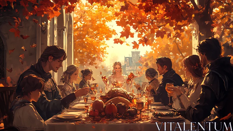 Autumn banquet gathers medieval family in warm golden light