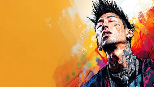 Tattooed man portrait against bold orange abstract backdrop.