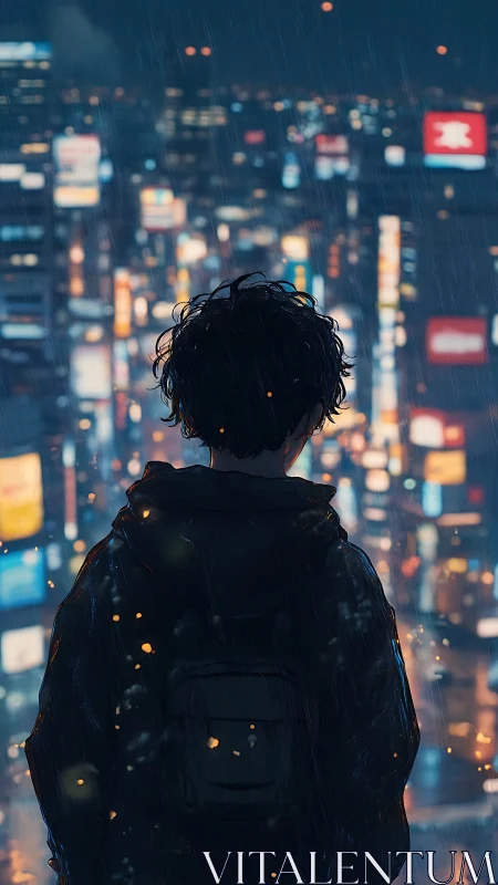 Solitary figure watches neon city lights in quiet night rain