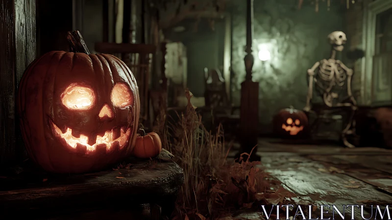 Glowing jack o lantern welcomes playful Halloween chills.