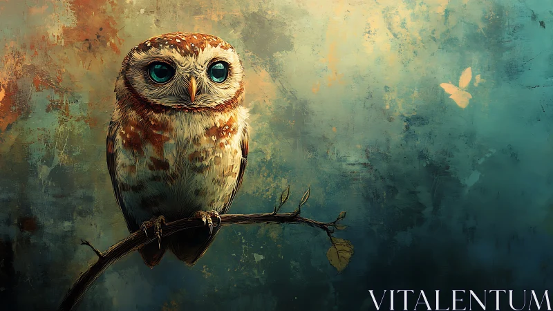 Whimsical owl with big blue eyes on branch, digital art style.