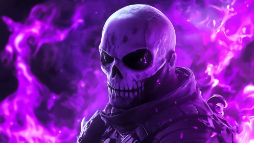 Skull-headed figure in tactical gear amid violet flames.