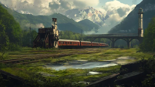 Quiet red train rests in a lush mountain valley station
