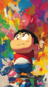 Cartoon child stands before dense multicolor painted backdrop.