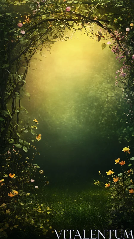 Sunlit floral archway opening onto a hidden green glade.