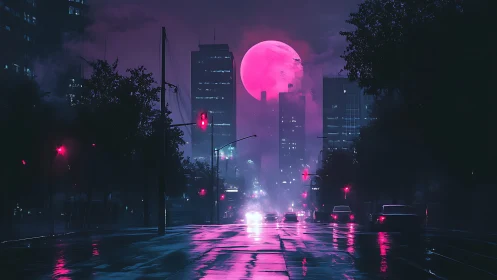Neon moonlight paints a misty city street in soft pink glow