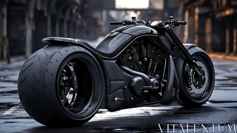 Custom black futuristic cruiser motorcycle in wet street