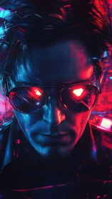 Neon-drenched vigilante studies the city through burning lenses