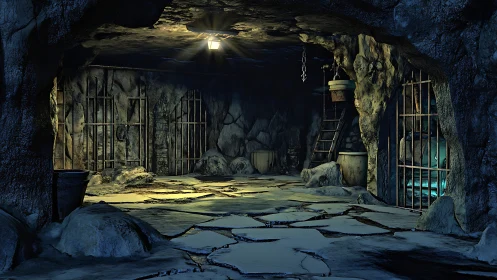 3D subterranean prison chamber with uneven rock architecture.
