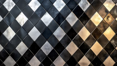 Diagonal grid of reflective black and metallic diamond tiles