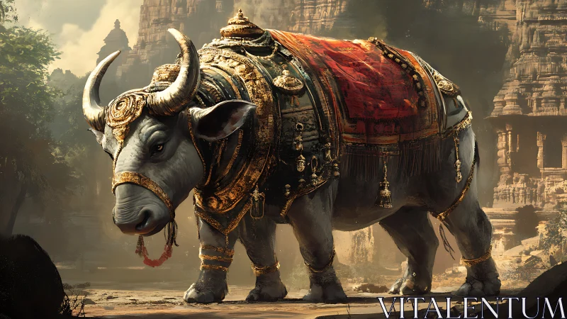 Armored ceremonial buffalo with ornate gold harness in ruins