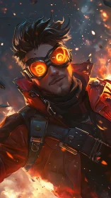 Fire-lit cyber rebel in glowing goggles strides through chaos