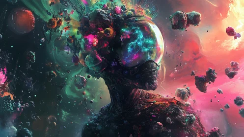 Cosmic helmeted figure stands amid fragmented nebular debris