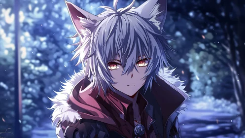 Wolf-eared anime wanderer under cold moonlit forest sky.