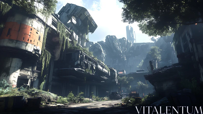 Post-apocalyptic overgrown megastructures in diffuse daylight.