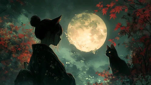Moonlit cat spirit girl and black cat share a silent gaze.