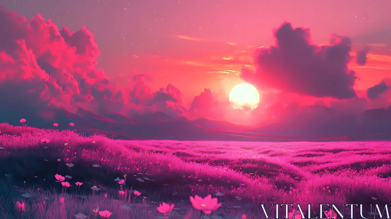 Dreamy pink meadow glowing under a gentle fantasy sunset.