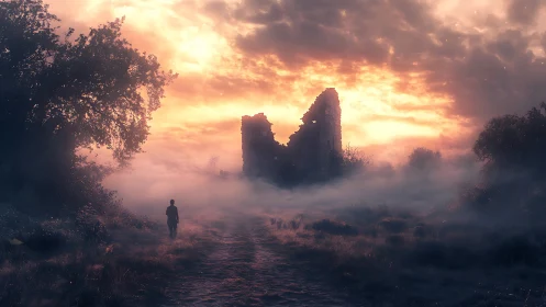 Soft misty sunset welcomes a lone wanderer to quiet ruins