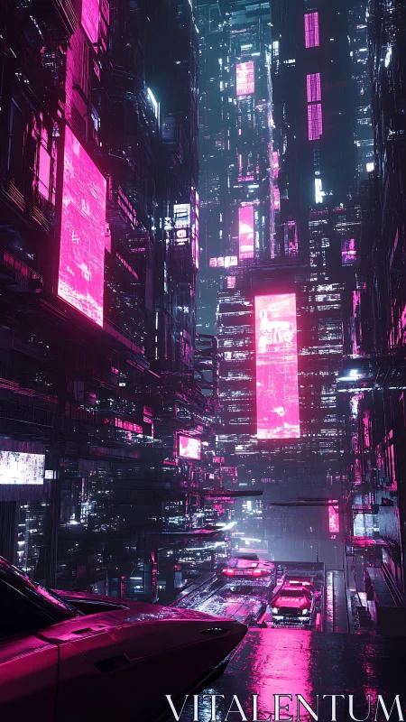 Neon-lit vertical city canyon with reflective wet roadway.