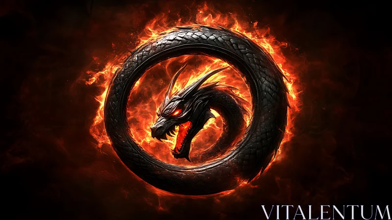 Fiery black dragon ouroboros in molten infernal ring.