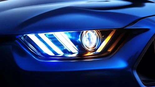 Blue sports car headlight glows with vivid LED detail.