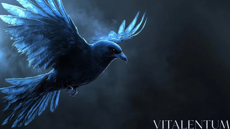 Blue-lit raven moves through dark negative space in flight