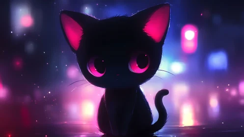 Midnight kitten glows softly in dreamy neon city lights