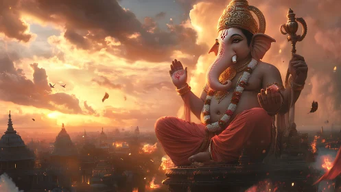 Radiant elephant sage above a sunset-struck ancient city.