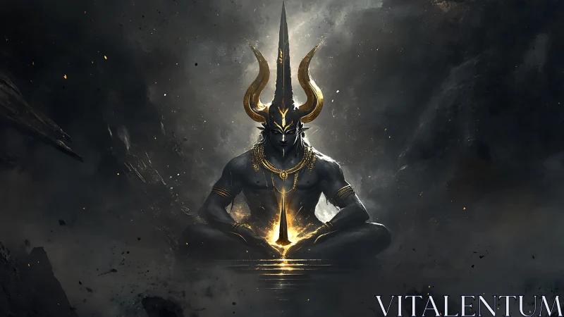 Horned dark deity sits centered in smoke with glowing core