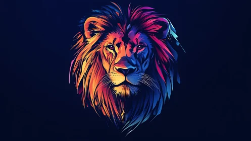 Chromatic vector lion portrait in symmetric neon gradients.