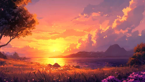 Glowing lakeside sunset bathes quiet hills in soft golden light